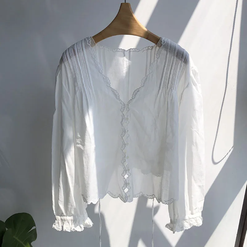 Tops de renda de peito único, blusa de pétala em V 100% algodão, design sólido casual, estilo elegante, nova moda