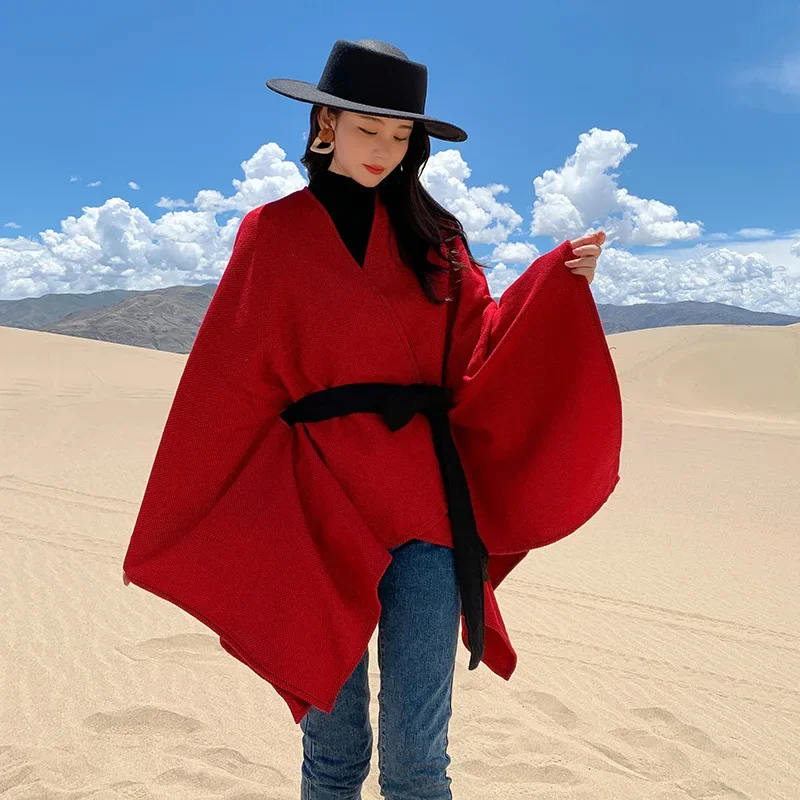 

Autumn Winter Travel Shawl Women's Imitation Cashmere Cloak Lace Up Coat Photograph Lace Poncho Lady Capes Red Cloaks