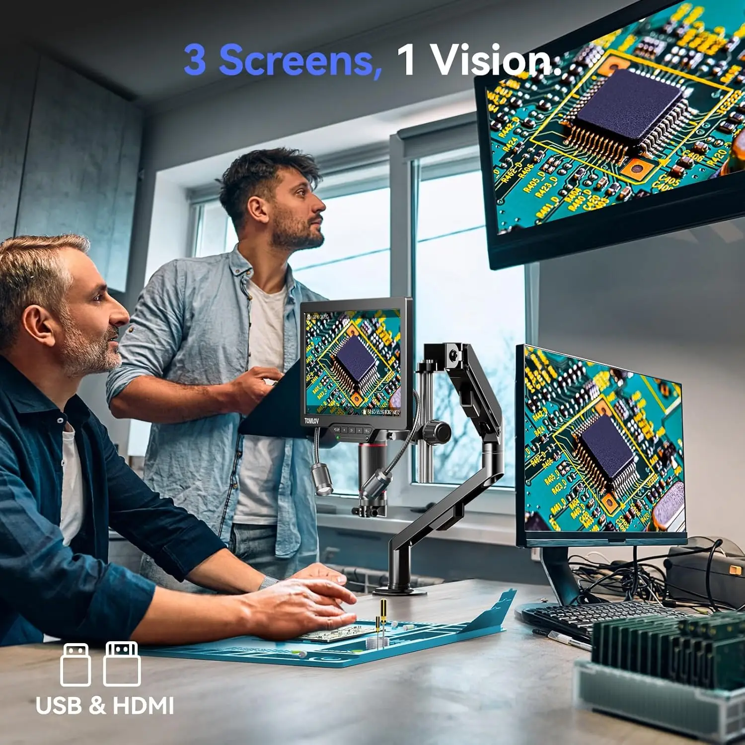 TOMLOV Mikroskop 3D TM3K-3D 7" 3K HDMI Elektronische Reparatur Microscopio Magnetische Dual Lens Flex Arm Ring Licht Löten Werkzeug
