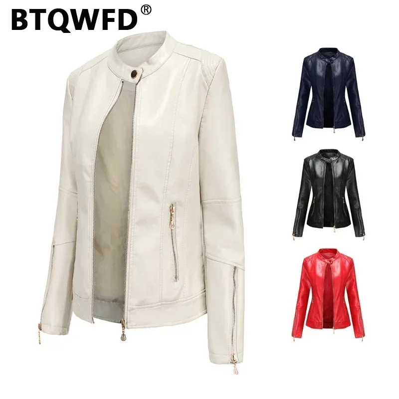 BTQWFD Women's Jackets Spring Autumn Coats Female Clothing 2024 New Long Sleeve Fashion Stand Collar Leather Outwear Motor Biker