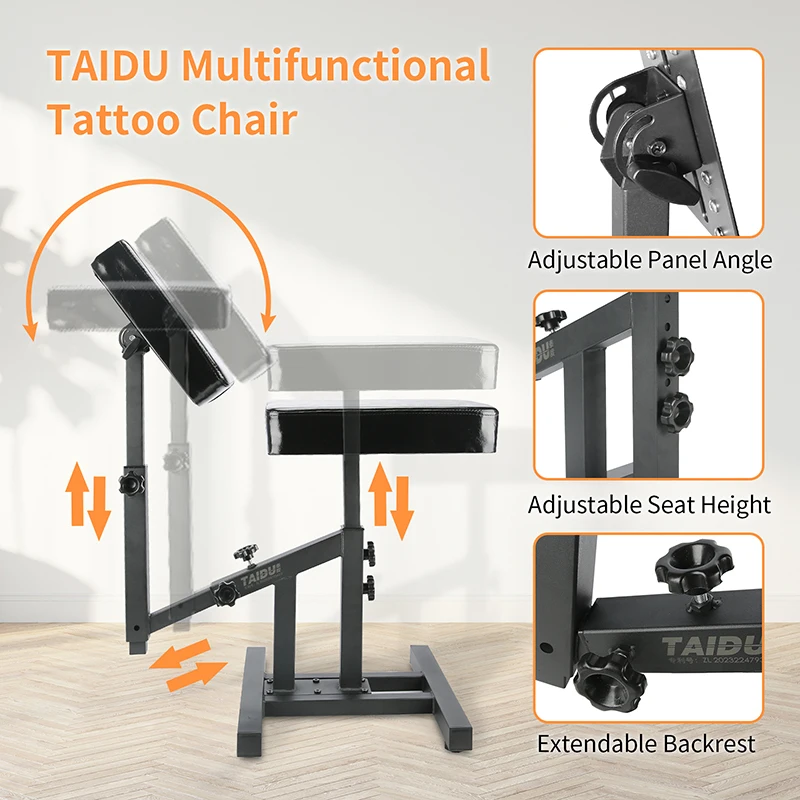 Sillas de salón de tatuaje multifuncionales TAIDU, silla de tatuaje ajustable con respaldo de cuero, banco de tatuaje con elevación de marco de acero para artista de tatuajes