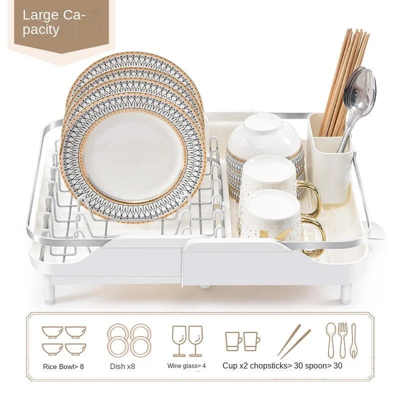 White 304 Stainless Steel Kitchen Extendable Dish Drying Rack with Non-Scratch and Movable Cutlery Drainer and Drainage Spout