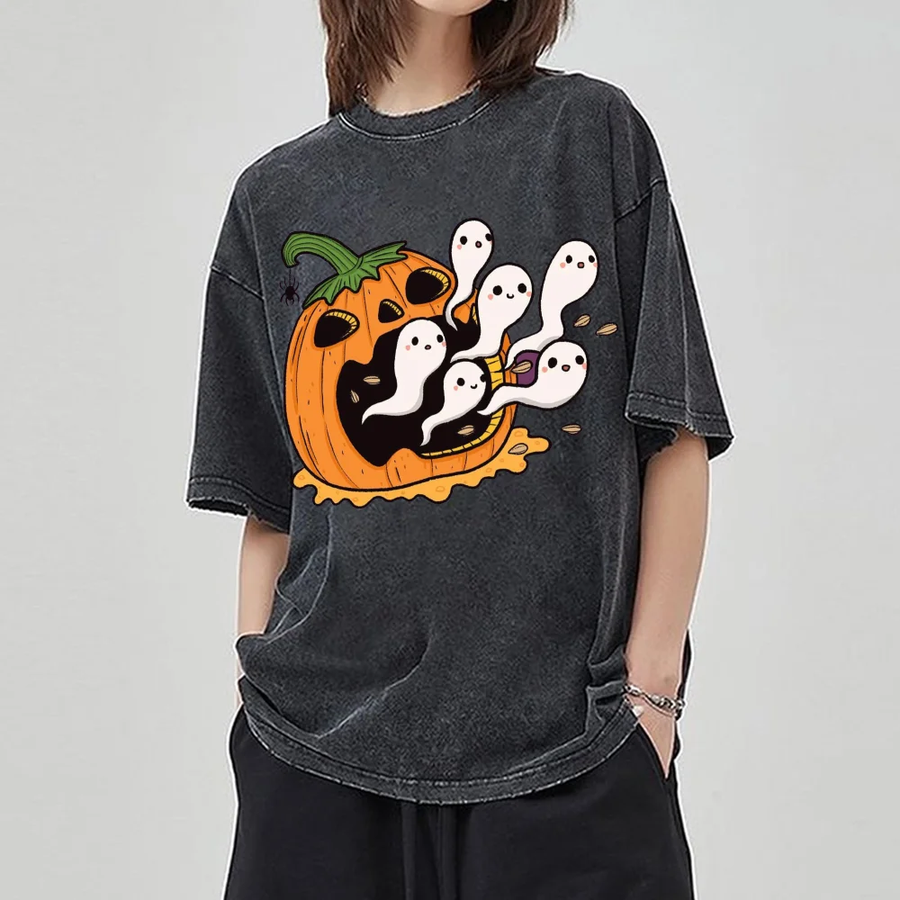 

Halloween Pumpkin Ghost Print Women's T-Shirt Washed Oversized Couple Short Sleeve Festive Vibe Wear Casual Spoof Tees