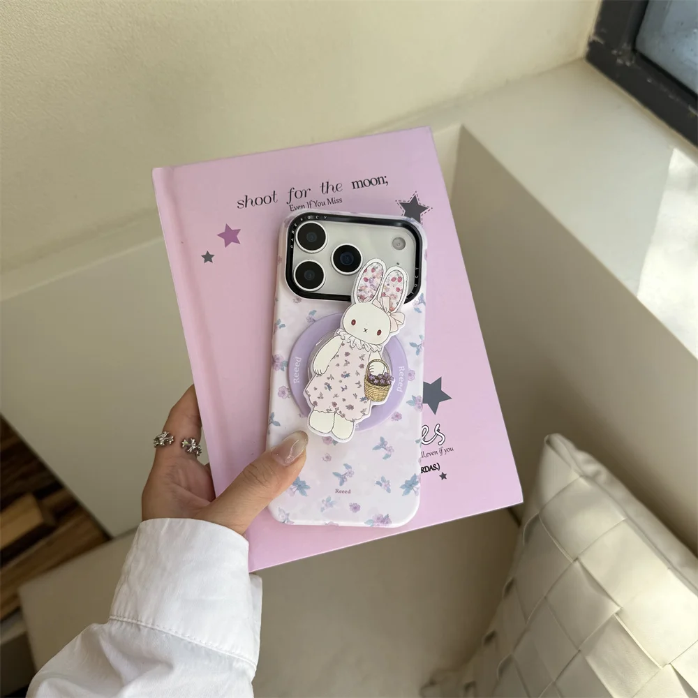 Ins Cute Flower Magnetic Phone Case for iPhone 17 16 17 Pro 15Max 16 Pro Max Cover With Magsafe Miffy Rabbit Stand Cartoon Funda