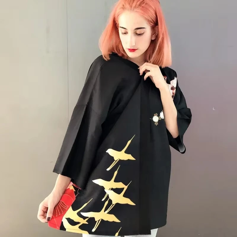 أزياء أنيمي Songstress طباعة الأسود يوكاتا النساء Harajuku الآسيوية التقليدية زي سترة يابانية كيمونو الرجال تأثيري Haori