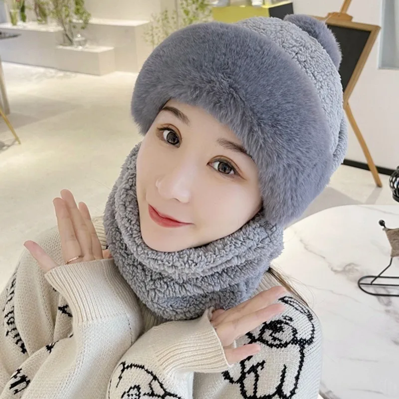 Lamb wool mask hat new scarf integrated cute bear ear protection warm plush hat