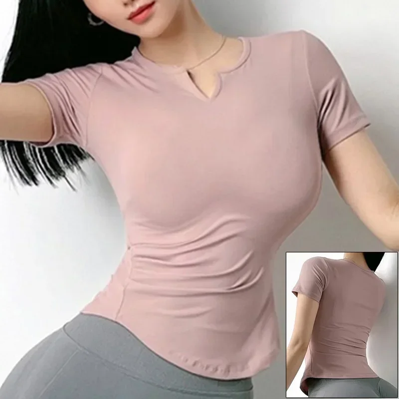 Solid Women Yoga Shirts Sports Crop Tops Gym Padded Tight Training T-shirts Slim Fitness Workout Shirts Quick Dry Running Tops