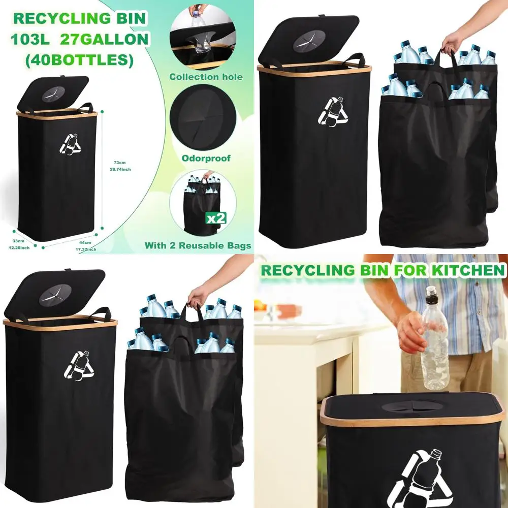 

Large 27 Gallon 103L Kitchen Recycling Bin with 2 Removable Bags for Bottles, Cans, Glass, and Plastics (Black)