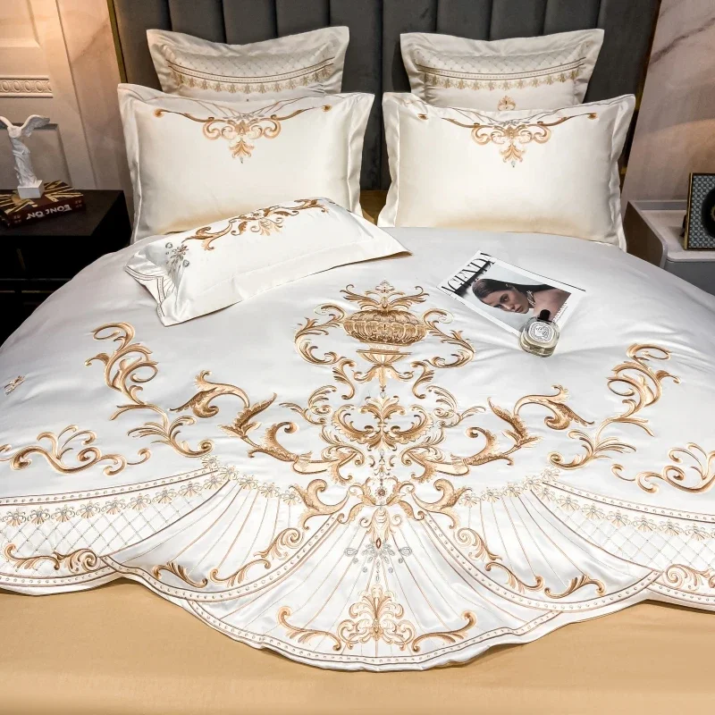 Luxury Royal Gold Embroidery Washed Satin Cotton Pearl White Bedding Set Duvet Cover Flat/Fitted Sheet Pillowcases Home Textile