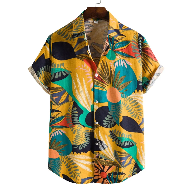 Camisa de manga curta com estampa floral havaiana masculina, camisa retrô, férias de praia, casual, estilo clássico, sociedade social, verão