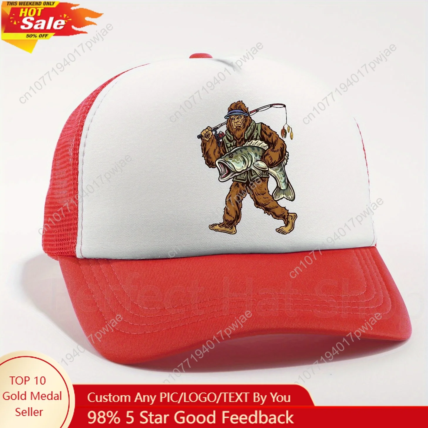 Gorra de béisbol ajustable con estampado de Sasquatch de pesca: sombrero ligero de poliéster con paneles de malla transpirable para actividades al aire libre