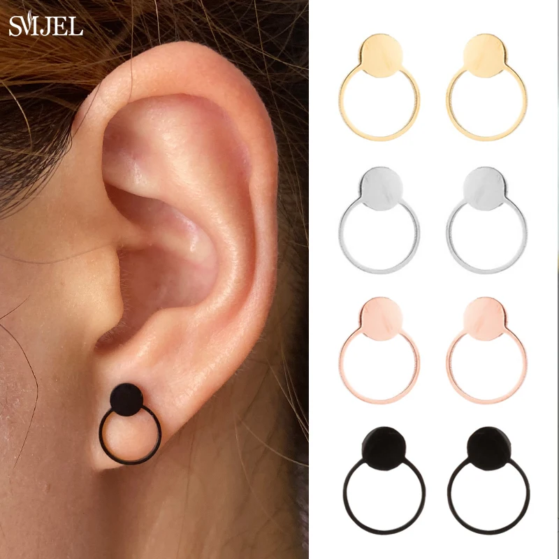 Mini Stainless Steel Earrings for Women Geometric Cat Fish Crown Heart Key Face Earring Korean Star Moon Studs Jewelry Gift