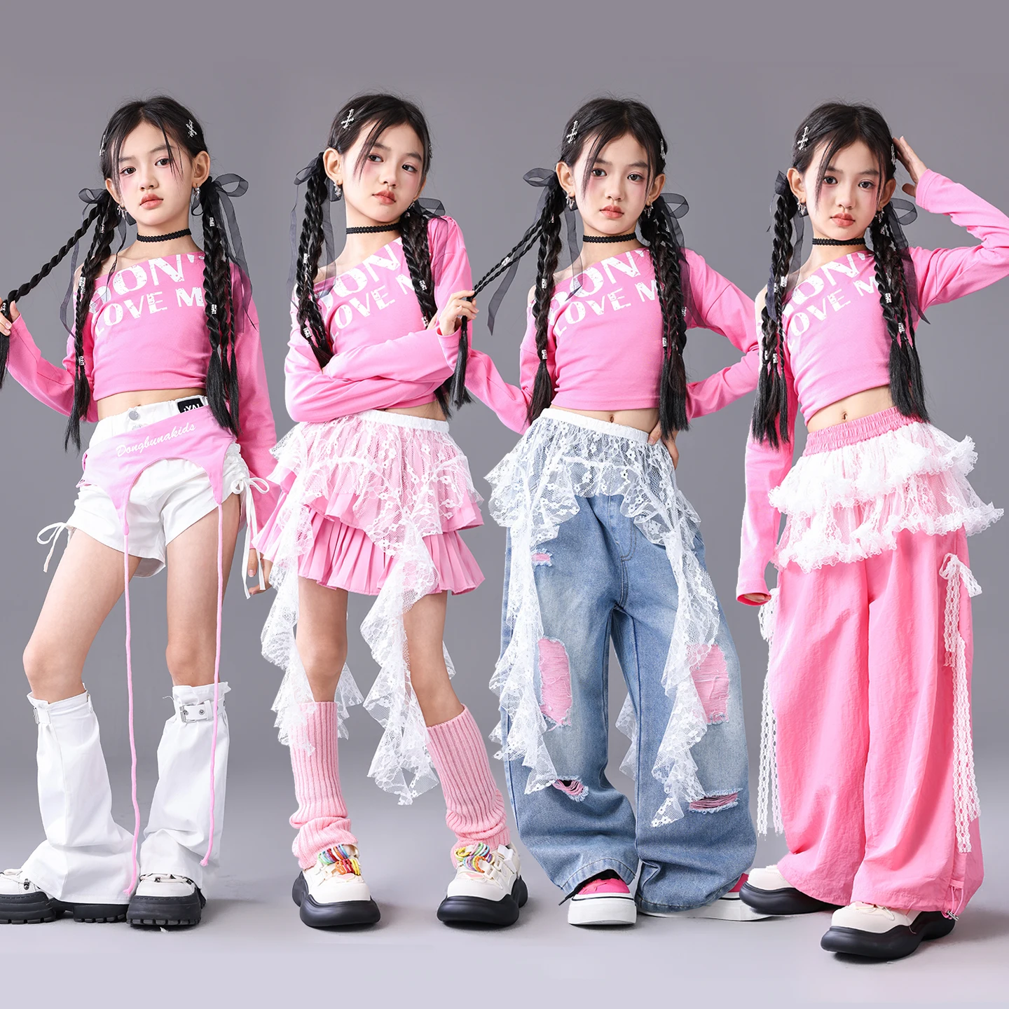 

Pink Outfits Girls Clothes Jazz Dance Clothes Hip Hop Dance Show Costumes Top Skirt Pants Suit Street Dance Wearing DQL12258