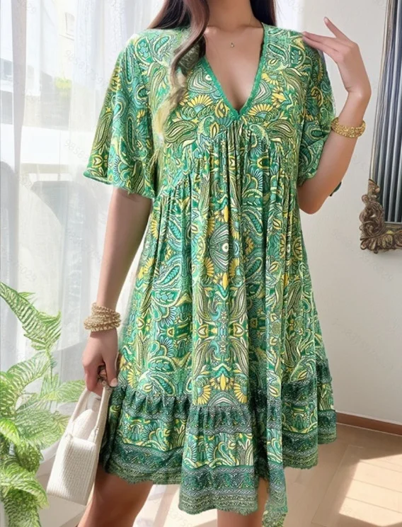 

Bohemian Style Print Mini Dresses Women Fashion Casual Beach Vacation Loose V-neck Dress Trendy Vintage Ladies Summer Vestidos