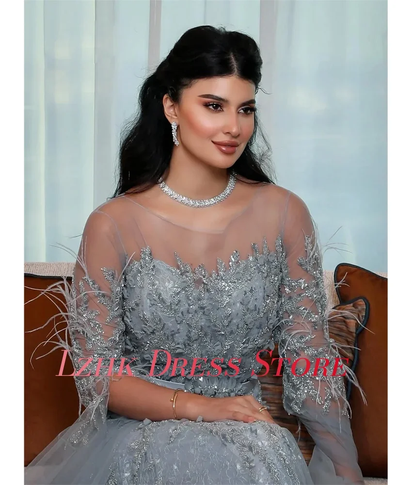 Maßgeschneiderte exquisite Organza A-Linie Pailletten Applikationen Abendkleid Temperament lange Ärmel O-Ausschnitt maßgeschneiderte Anlasskleider