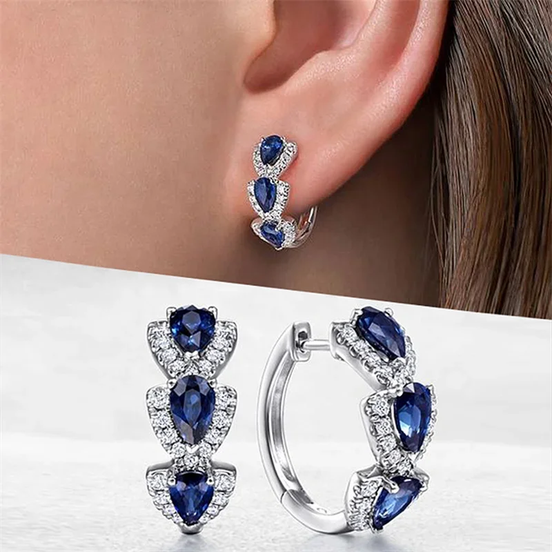 New Luxury Trendy Blue Cubic Zirconia Hoop Earrings Wedding Party Elegant Accessories for Women Anniversary Gift Jewelry