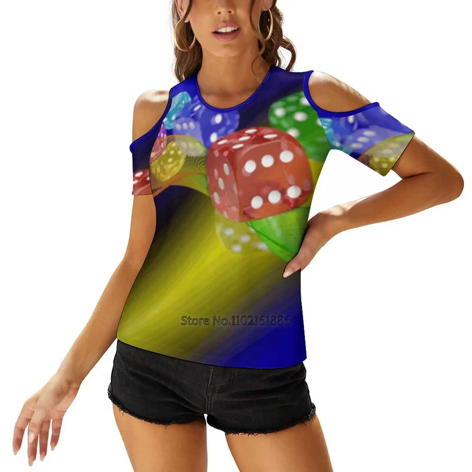 Dice In Gradient Women'S T-Shirt Casual Short Sleeved Tops V-Neck Zipper Tee Ladies Loose T Shirts Dice Cubes Mix Digital