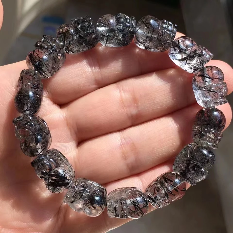 Natural Black Rutilated Quartz Clear Pi Xiu Beads Bracelet 14x10mm Crystal Women Men Rare Brazil Genuine Rutilated AAAAAA