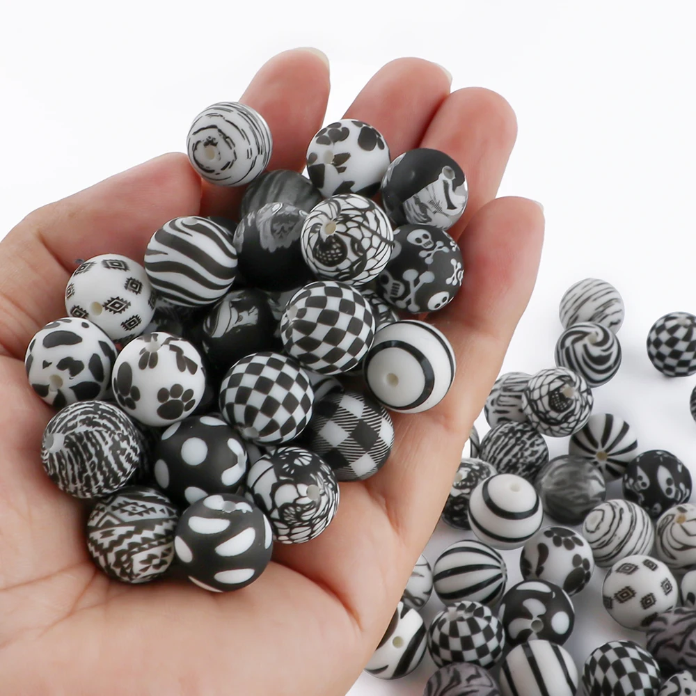 

50/100pcs New Leopard print/flower series 15mm Silicone Printed Round Beads For Making Jewelry DIY Bracelet Necklace Accessories