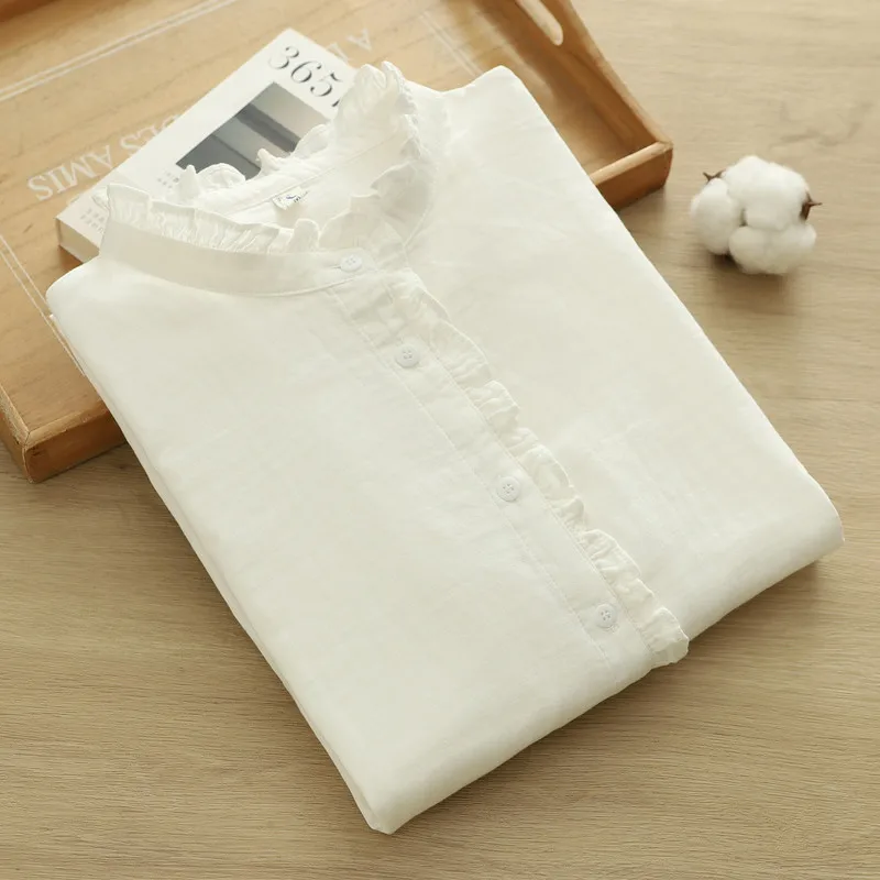 

Double Layer Cotton Yarn White Shirts for Women Japan Style Elegant Stand Collar Long Sleeve Blouses Base Shirts