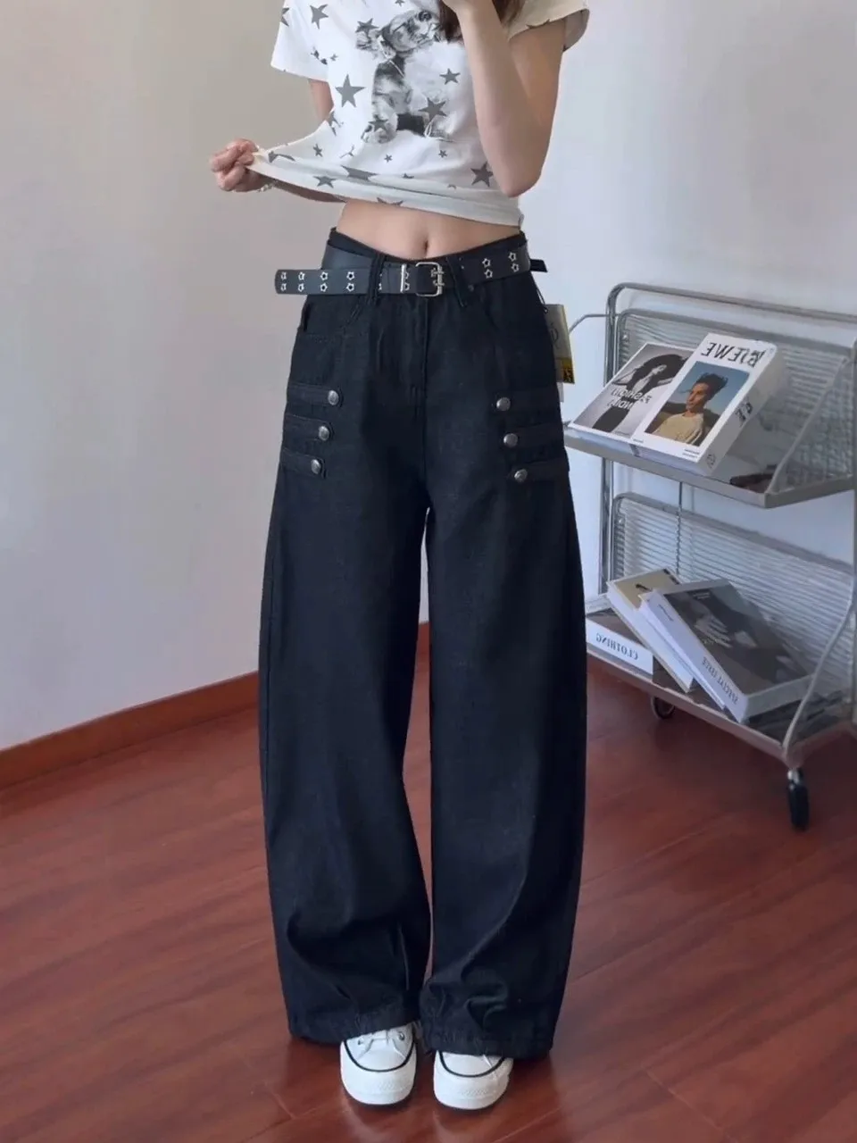 Loose High Waist Black Wide Leg Denim Pants Women's Casual Style Double Row Button Autumn New Fashion plus Size Jeans