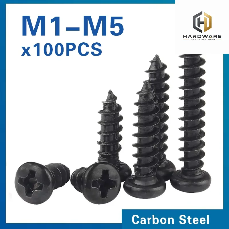 100 pcs/lot Cross Round Head Phillips Self-tapping Screw M1 M1.2 M1.4 M1.5 M1.7 M2 M2.3 M2.6 M3 M3.5 M4 M5 Black Carbon Steel