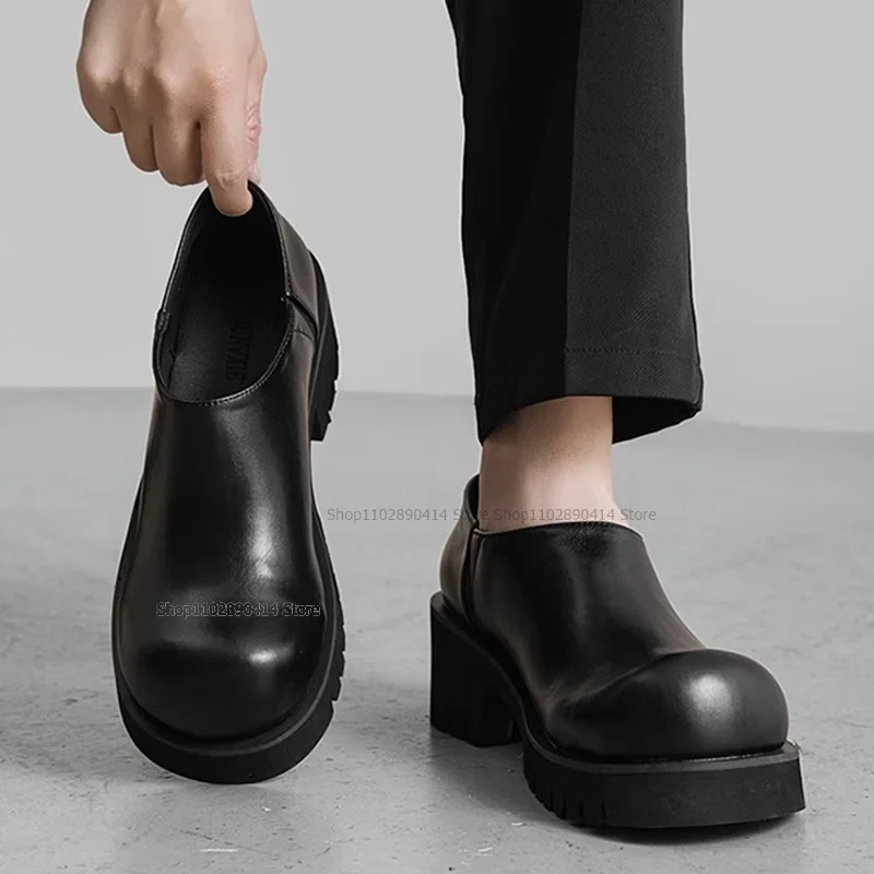 

Black Thick Soled Matte Leather Men Shoes Round Toe Height Increasing Loafers Men Handmade Runway Fashion Comfort Office Shoes
