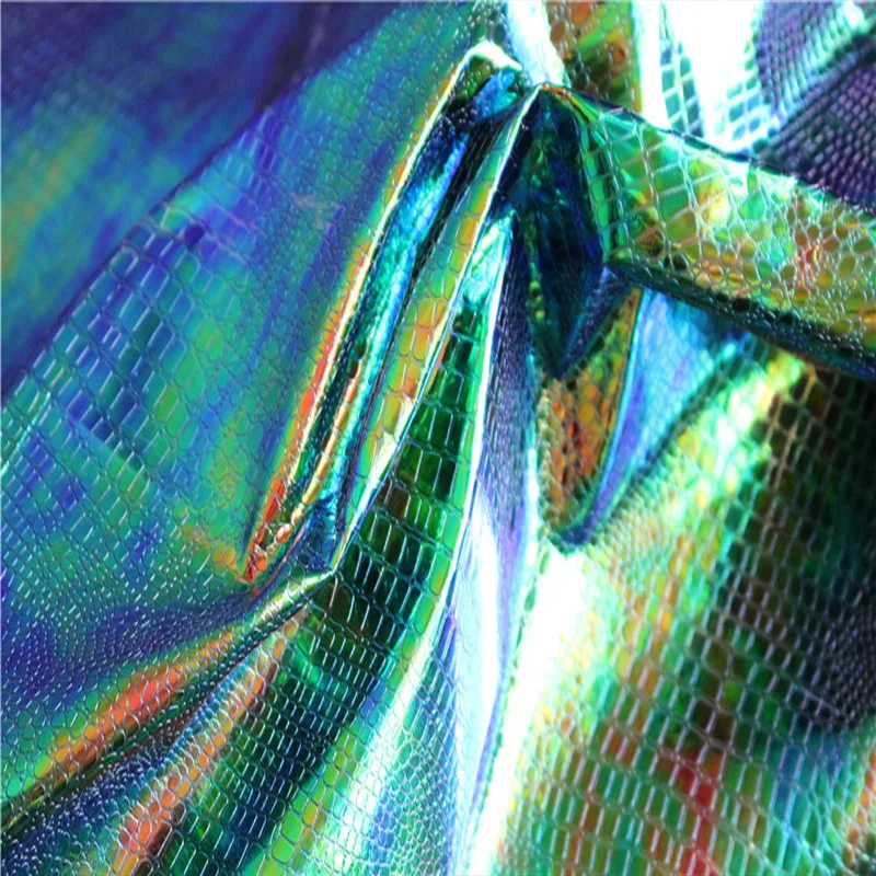 Fashion Shiny Laser Illusion Blue Purple Pu Leather Fabric Original Designer Fabric Sewing Material DIY Creative Clothing