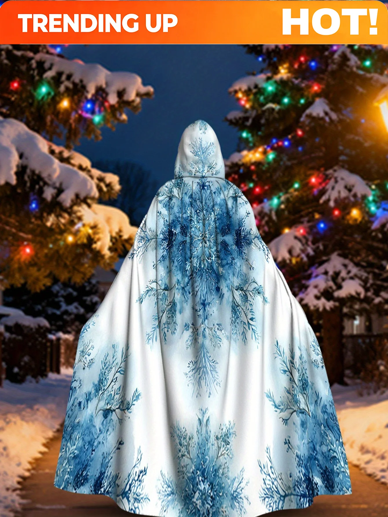 Customization 1pc Deep Blue & White Snowflake Cape Hooded - Long Full-Length Winter Costume For Christmas, New Year's Eve Partie
