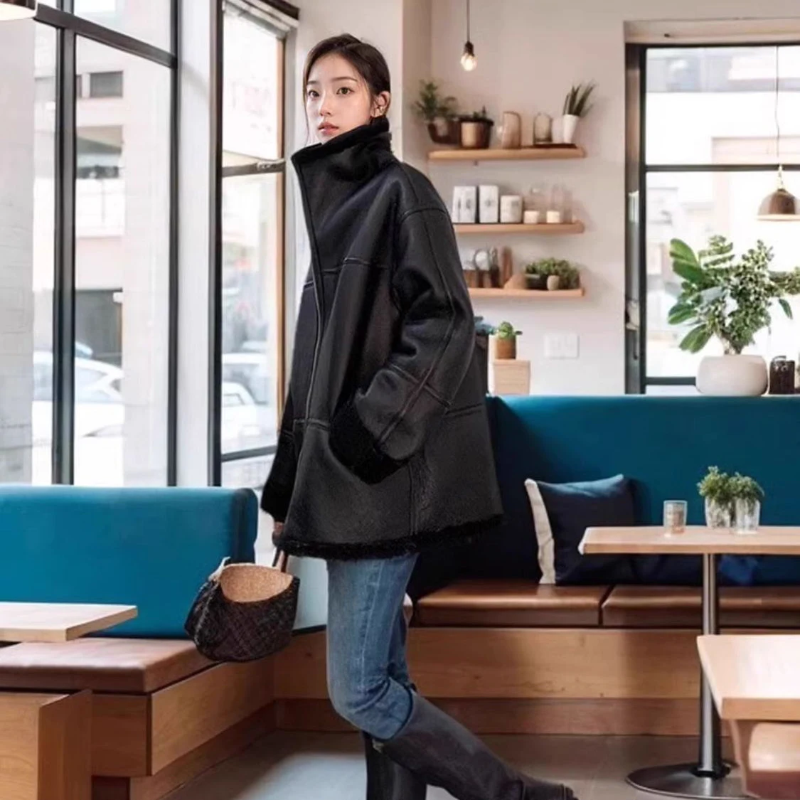 Koreanische Nachahmung Lammfell Langarm Pelz Einteilige Jacke frauen Mantel Winter Neue Warme Lose Motorrad Kragen Leder mantel