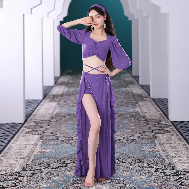 Belly Dance Practice Clothes Suit Printing Mesh Top Short Sleeves Split Skirt  Set Female Elegant Performance Clothing Summer