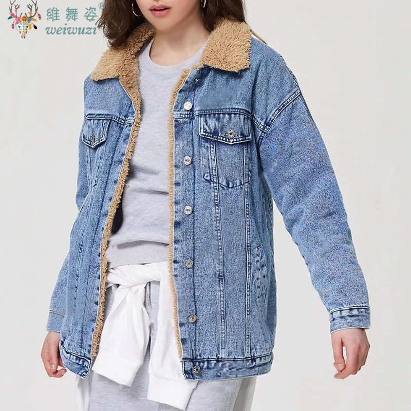 

Harajuku Winter Women's Denim Jackets Vintage Single Breasted Loose Thicker Fleece Warm Cowboy Coats Streetwear Casual Outerwear