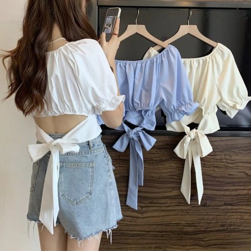 

Blouses Women Crops Puff Sleeve Lady Summer Solid French Style Sweet Schoolgirl Casual Blusas Tender Y2k Bow Design Soft Ropa