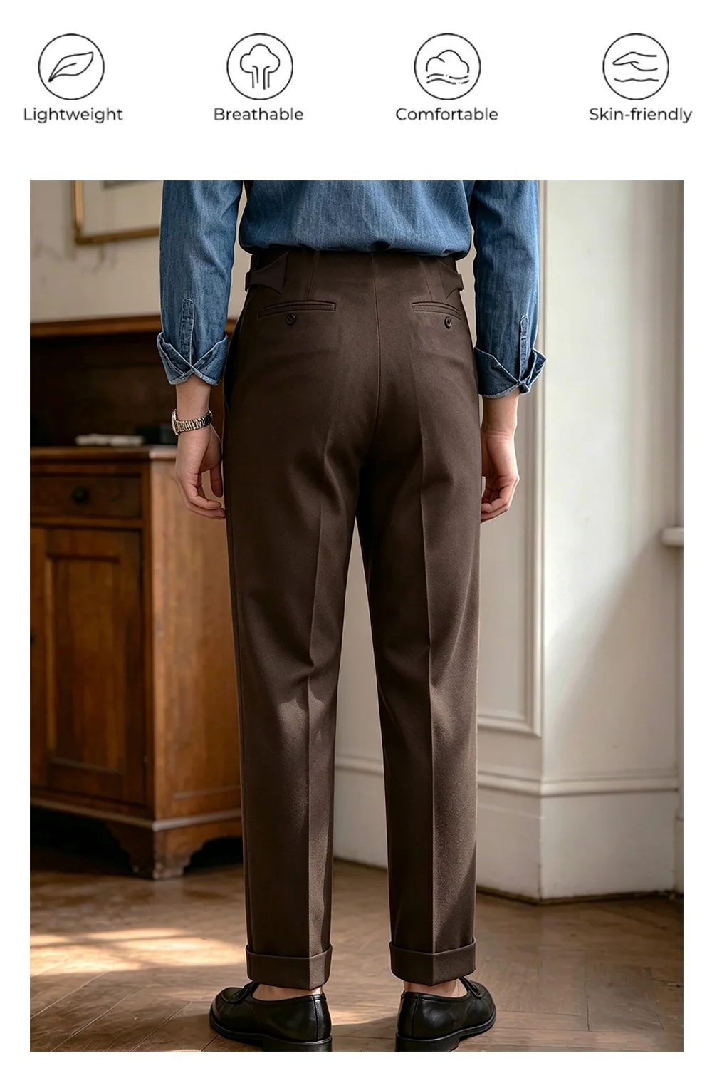 2026 Herbst-Winter Herrenanzughose im Neapolitan-Stil, Knopfleiste, hohe Taille, weites Bein, leichte Business-Formalhose für den Alltag – Detail 5