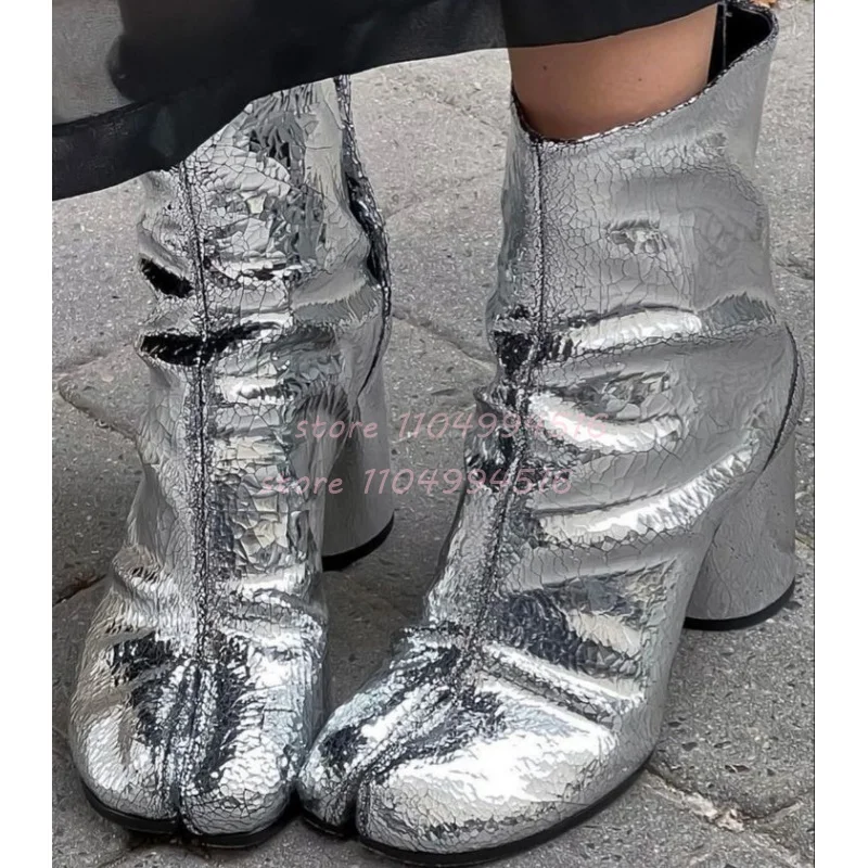 

Silver Split Toe Chunky Heel Ankle Boots Women Solid Leather Round Toe Short Boots Luxury Fashion Trendy Ladies Party Prom Shoes