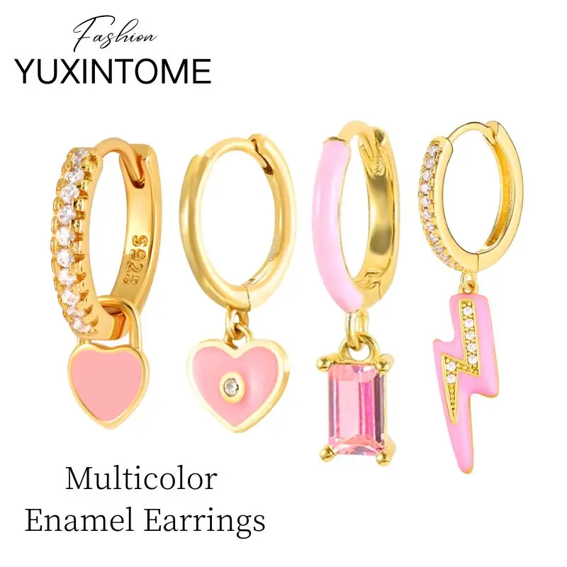 

925 Sterling Silver Needle Colorful Enamel Heart/Lightning Pendant Hoop Earrings Shiny Crystal Earrings Women's Luxury Jewelry