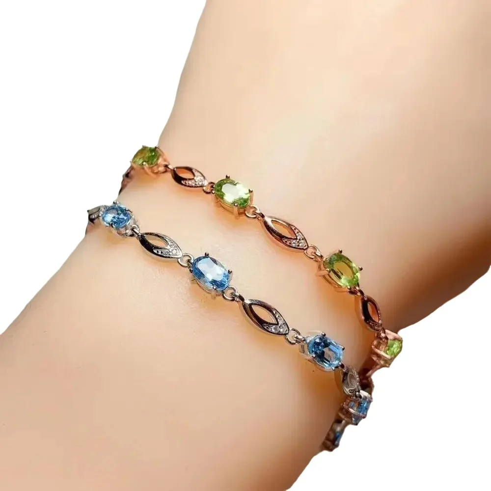 

KJJEAXCMY boutique jewelry 925 sterling silver inlaid Natural Blue Topaz Peridot Women's hand Bracelet Support Test trendy