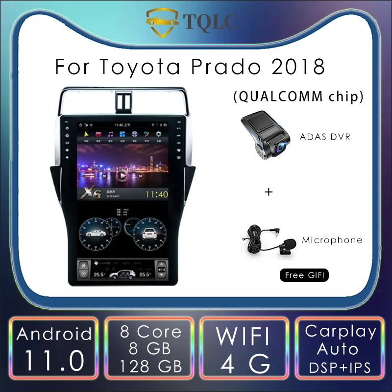 

Tesla Style Screen Car Radio Android Stereo For Toyota Prado 2018 GPS WIFI 4G PX6 Carplay Multimedia Player Navigation Head Unit