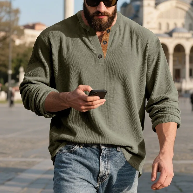 Long Sleeve Casual T Shirt Slim Fit with Crew Neck Pull on Wrinkle Finish Autumn Long Sleeve T Shirt No Hood Winter for Men