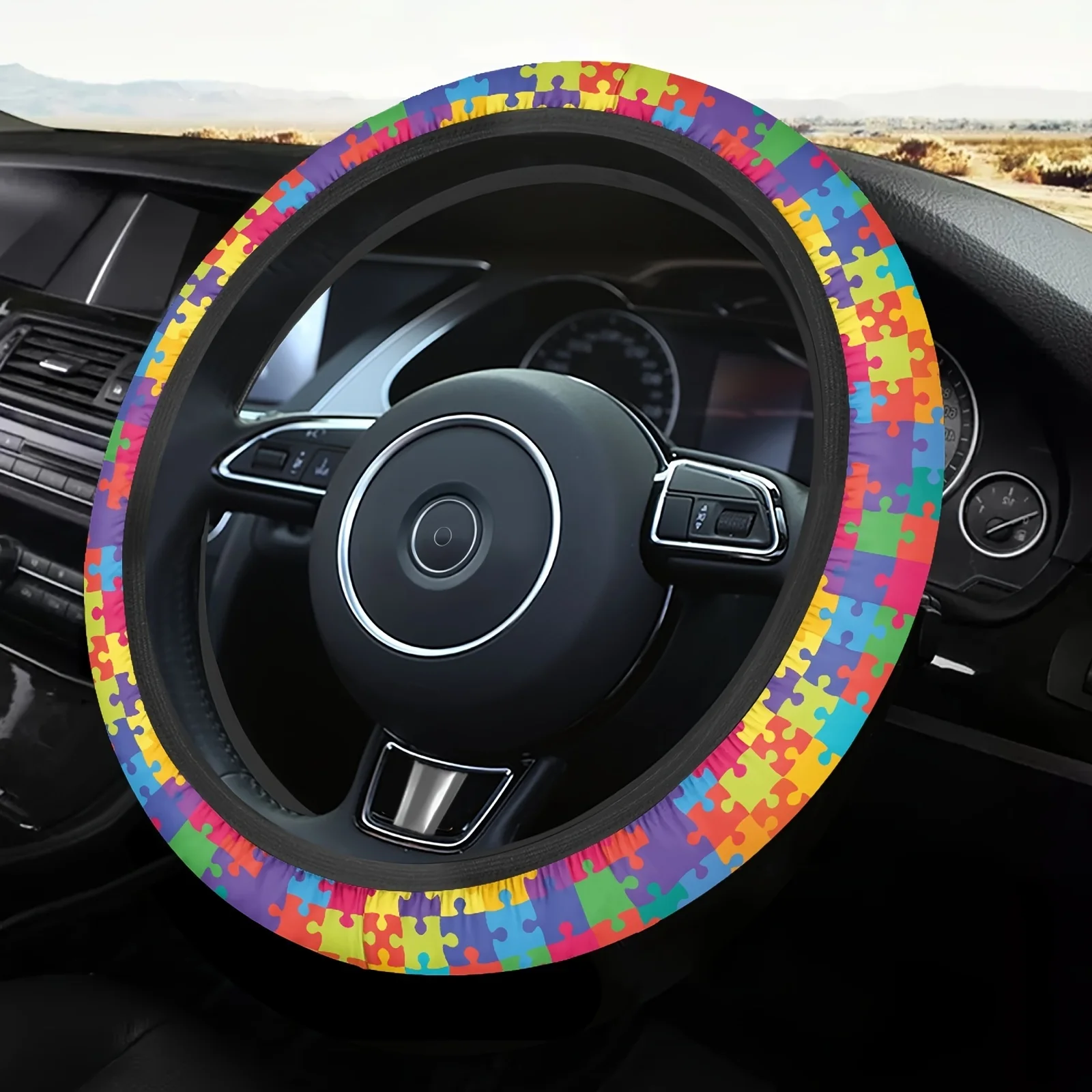 1pc Colorful Puzzle Autistic Awareness Pattern Universal Car Steering Wheel Covers Auto Interior Accessories