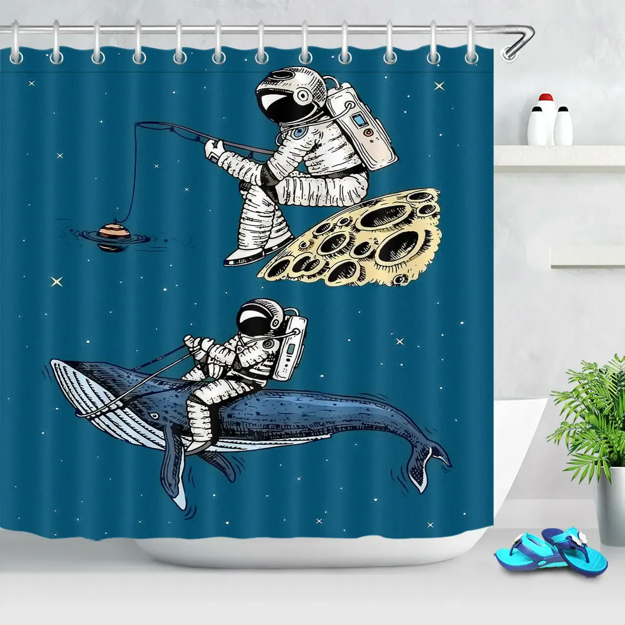 Fantasy Cartoon Children Shower Curtain Astronaut Moon Whale Bath Accessory Sets