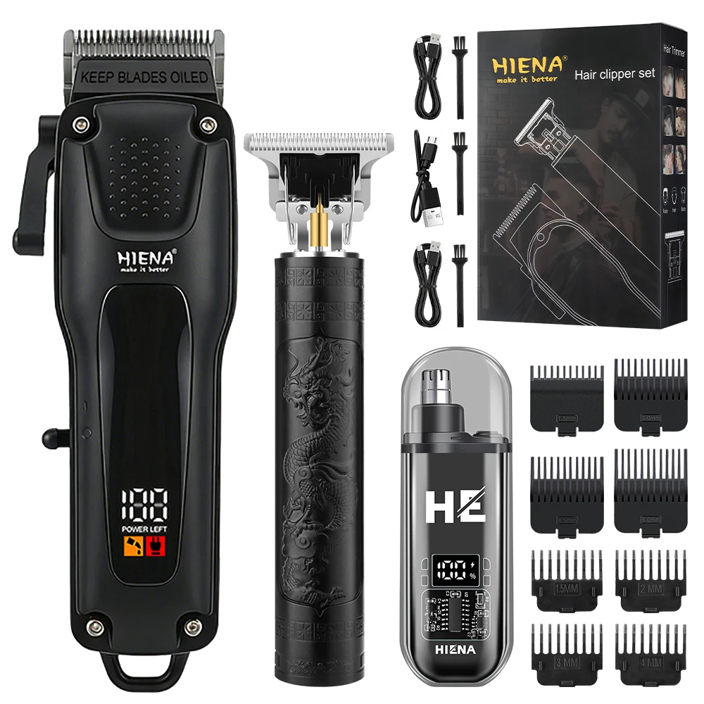 

HIENA Professional Cordless Hair Clipper Set 3-in-1 Barber Kit with 8 Guide Combs for Home & Salon Use