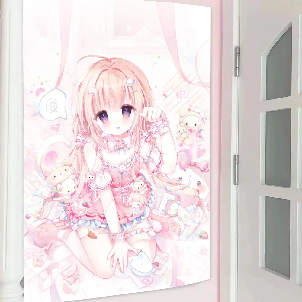 Ins-Style Anime Niedliche Dienstmädchen-Wandteppiche, Lolita Rosa Serie Wandbehang, Kawaii Raum-Ästhetik Hintergrundtuch