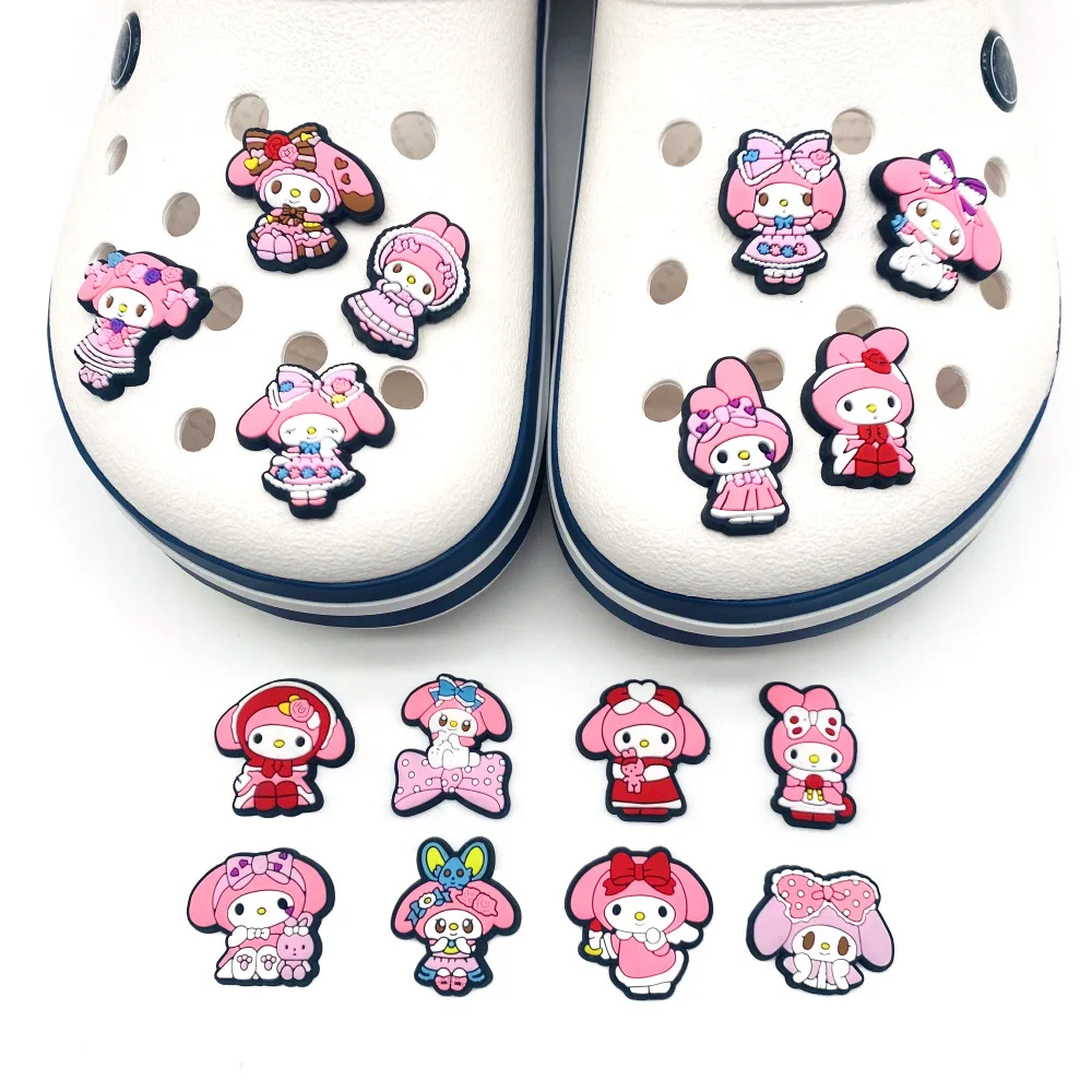 16pcs set Cute Melody series PVC Shoe Charms Pink Bow Kawaii Rabbit Detachable Clog Shoe croc Decor DIY Accessories Gift