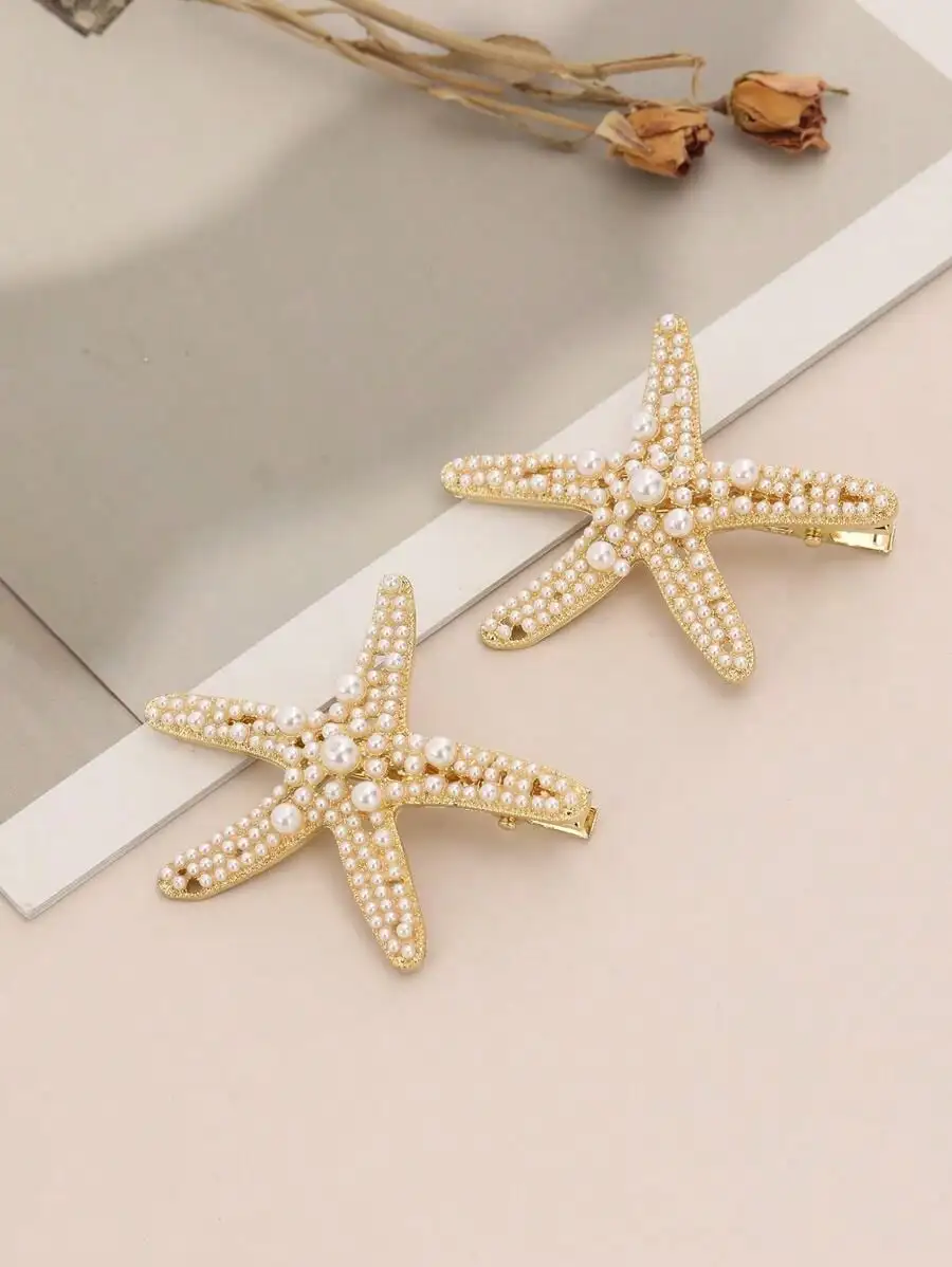 2pcs Ocean Series Women's Hair Accessory, Including Starfish Hairpin And Faux Pearl Starfish Hair Clip Boho,Y2k Claw Clips - Detail 1