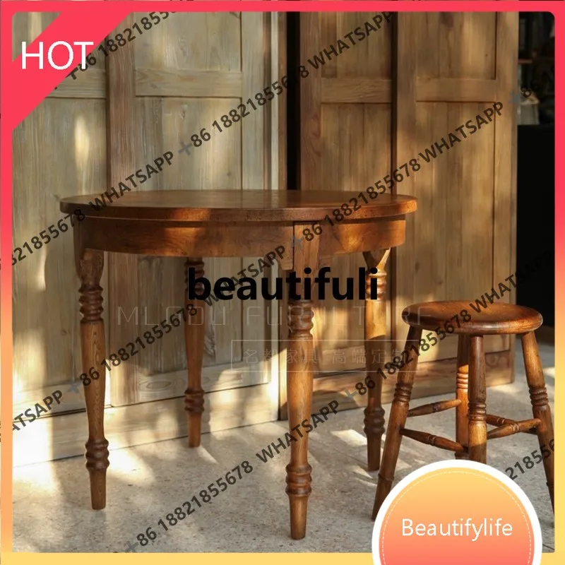 

D07 French retro solid wood dining table, antique household round dining table, light luxury dining table