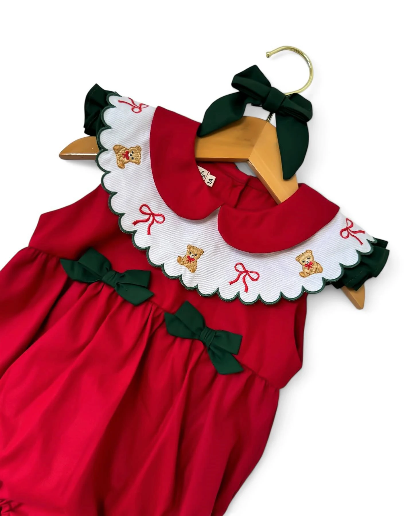 Summer Baby Girl Vintage Bow Bear Embroidery Red Green Romper Outfit Suit for Birthday Party Wedding Photography