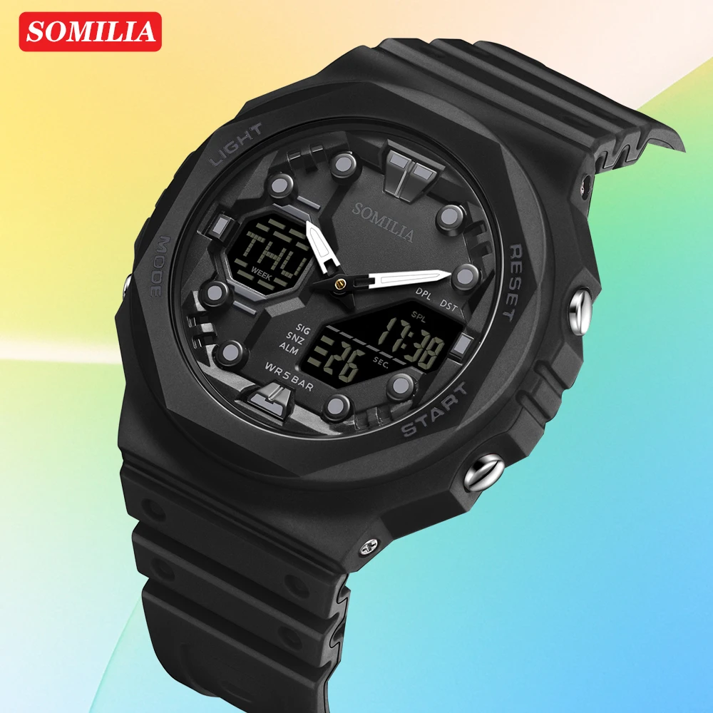 

SOMILIA S6200 Мужские кварцевые часы Спортивная мода Уникальный будильник Водонепроницаемые крутые наручные часы с двойным дисплеем для студентов