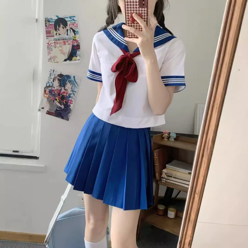 Japanese Korean School Uniform Girls Plus Size Jk Suit Red Tie Blue White Basic Sailor Uniform Women Long Sleeve Student Suit