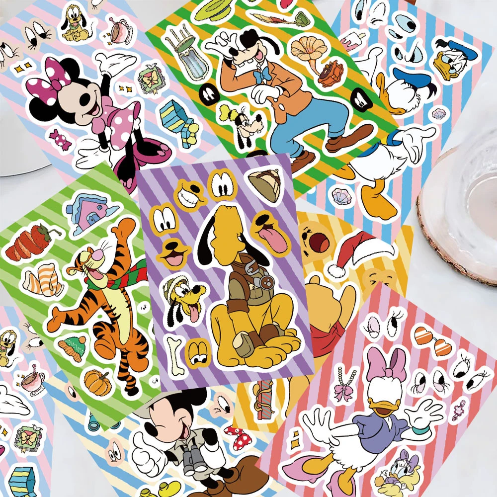

8/16sheets Disney Mickey Mouse Winnie the Pooh Anime Puzzle Stickers Cute Cartoon Make a Face DIY Assemble Jigsaw Decal for Kids